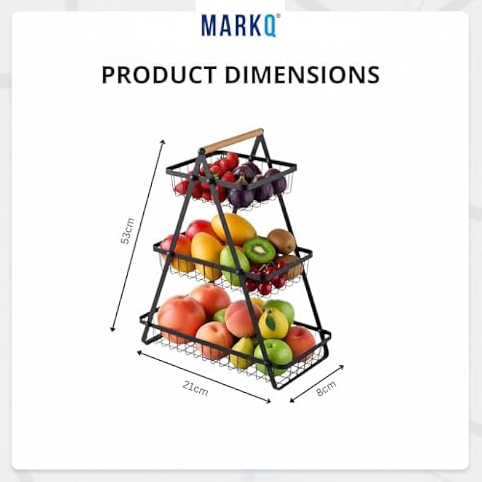 MARKQ 3-TIER FRUIT BASKET STAND  LARGE FLOOR FRUIT & VEGETABLE STORAGE RACK FOR KITCHEN | METAL PRODUCE ORGANIZER WITH DETACHABLE BASKETS, BREAD & SNACK HOLDER, BLACK POWDER-COATED STEEL FRAME - Image 3